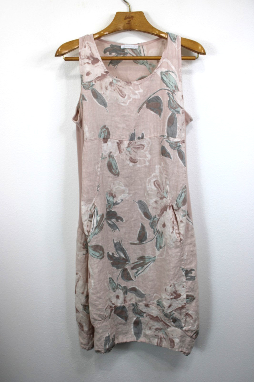 Italian Linen Floral Lagenlook Dress Balloon hem Pockets Size L/XL New